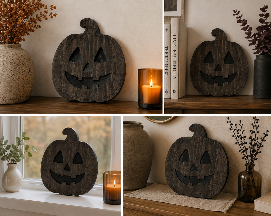 Halloween Pumpkin Décor – Wooden Jack O Lantern Rustic Halloween Wall & Shelf Décor