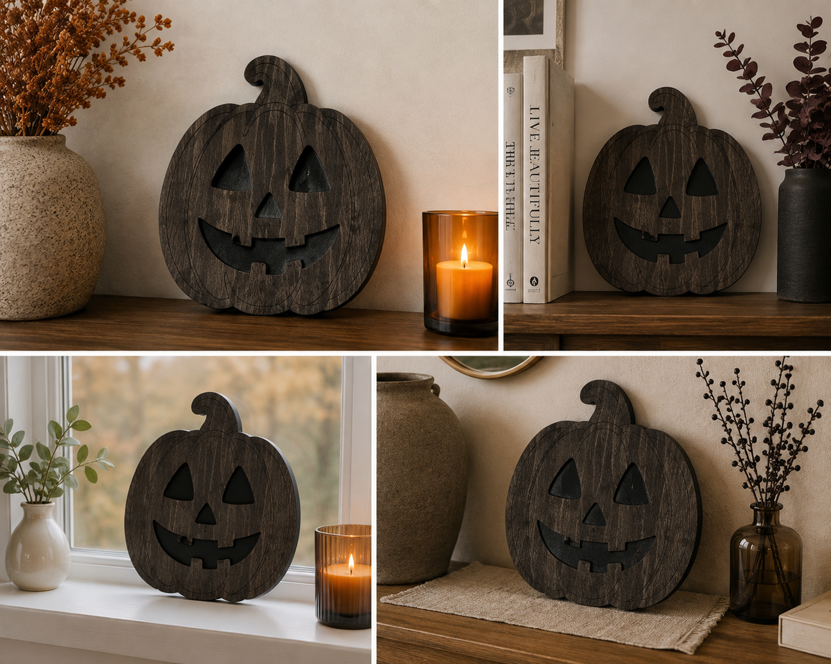 Halloween Pumpkin Décor – Wooden Jack O Lantern Rustic Halloween Wall & Shelf Décor