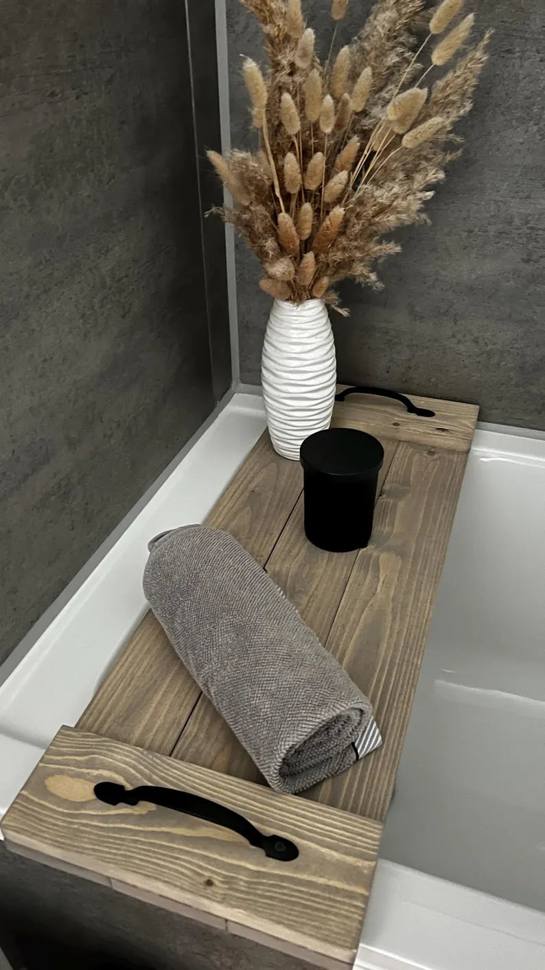 Rustic Wood Plank Serving Tray with Handles; Water Resistant Bathtub Caddy image 2