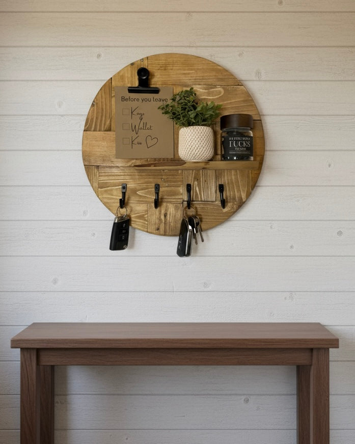 Round Wooden Key Holder with Shelf | Rustic Wall Key Organiser