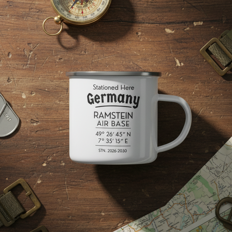Personalized Military Enamel Mug – Ramstein Air Base Stationed Here Mug
