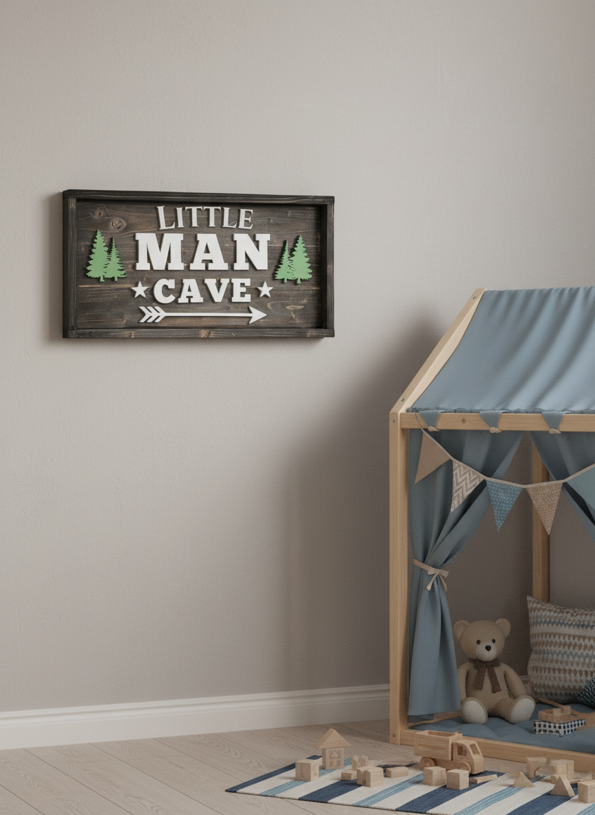Little Man Cave Wooden Sign – Rustic Kids Room Wall Décor – Boys Bedroom Sign image 3
