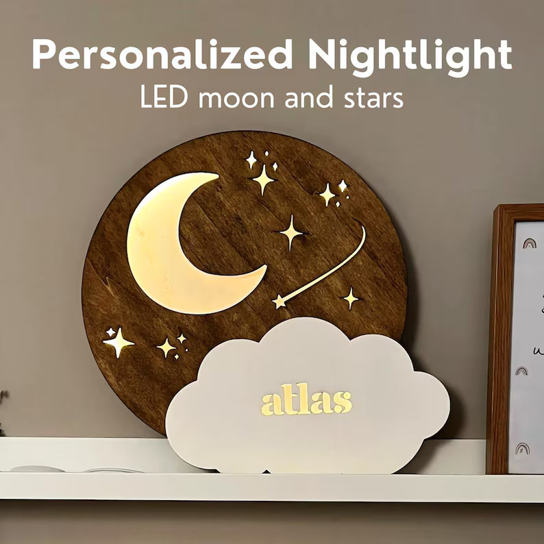 Personalized Moon and Stars LED Nightlight Kids Room Wall Hanging Décor; image 0