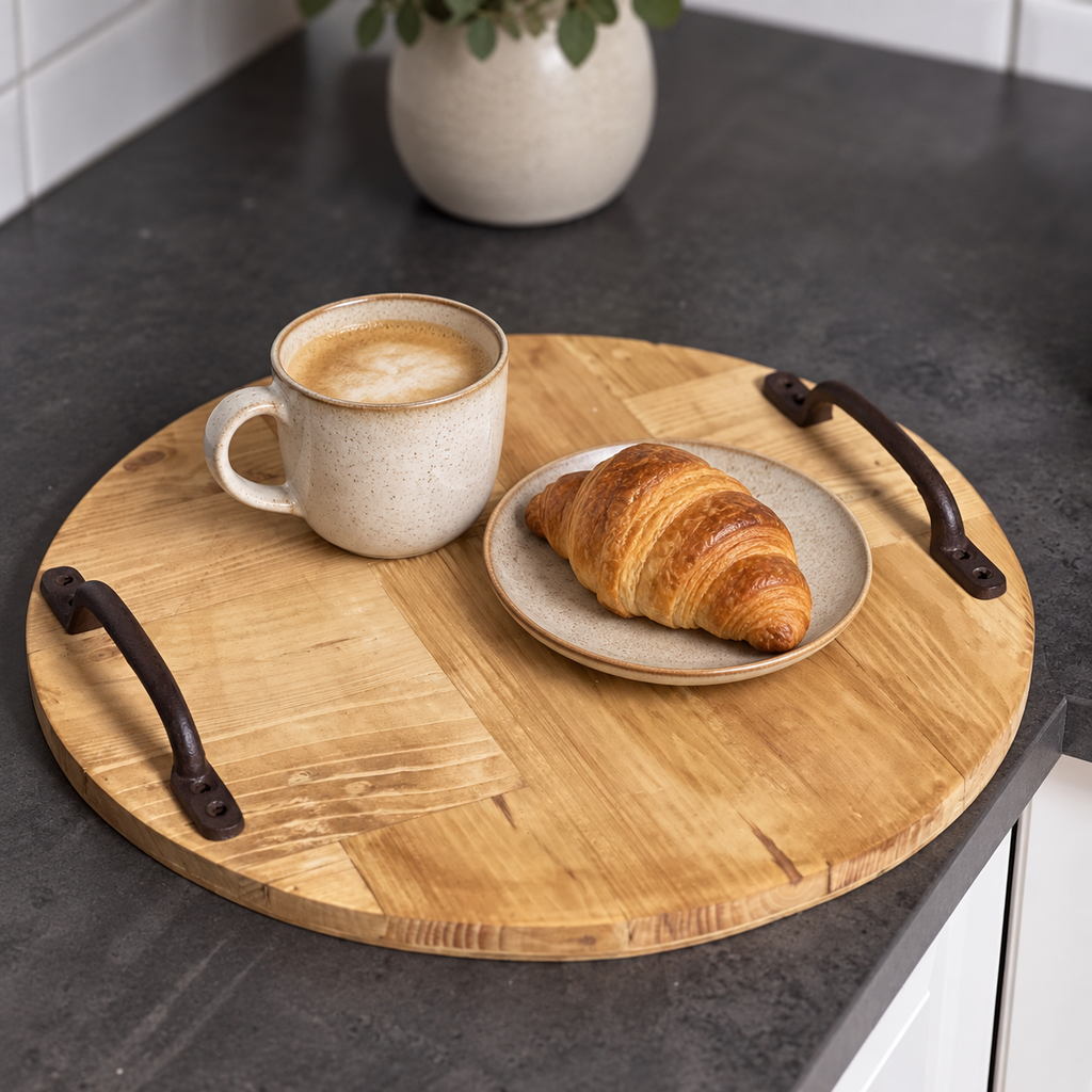 Rustic Wooden Serving Tray, Round Reclaimed Pallet Wood Tray with Metal Handles