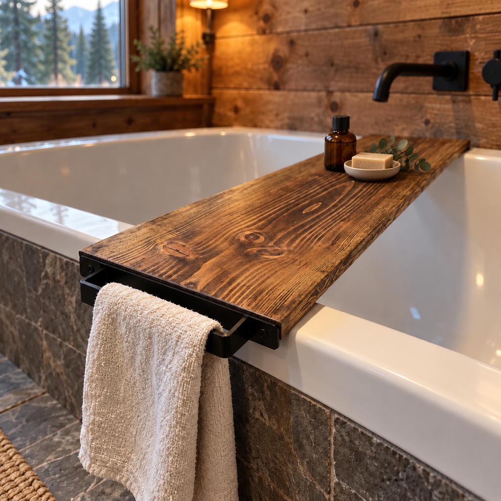 Live Edge Douglas Fir Bath Caddy with Steel Towel Rack