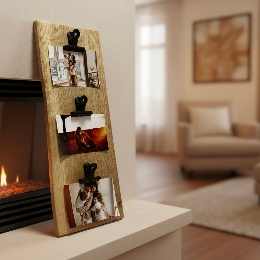 Rustic Oak Photo Display Board – Live Edge Picture Holder with Clips image 8