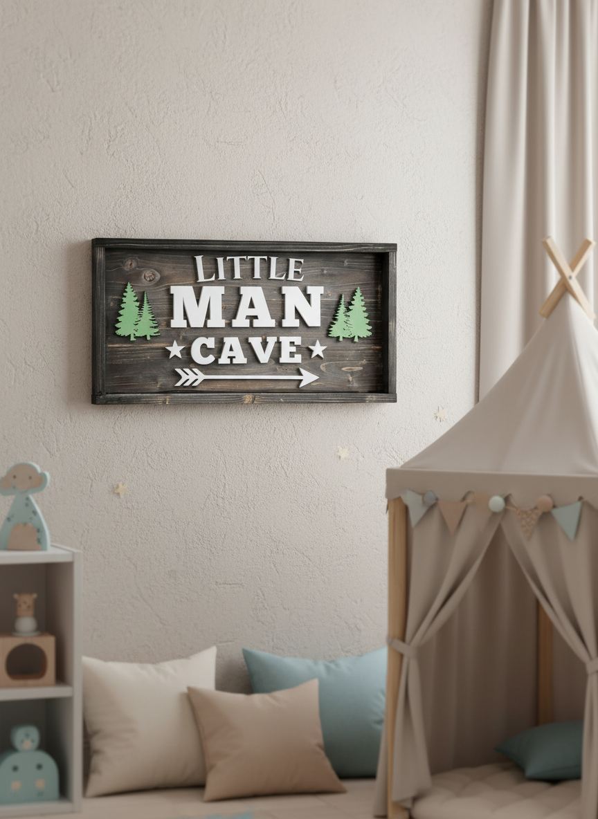 Little Man Cave Wooden Sign – Rustic Kids Room Wall Décor – Boys Bedroom Sign image 2