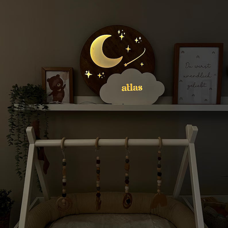 Personalized Moon and Stars LED Nightlight Kids Room Wall Hanging Décor; image 4