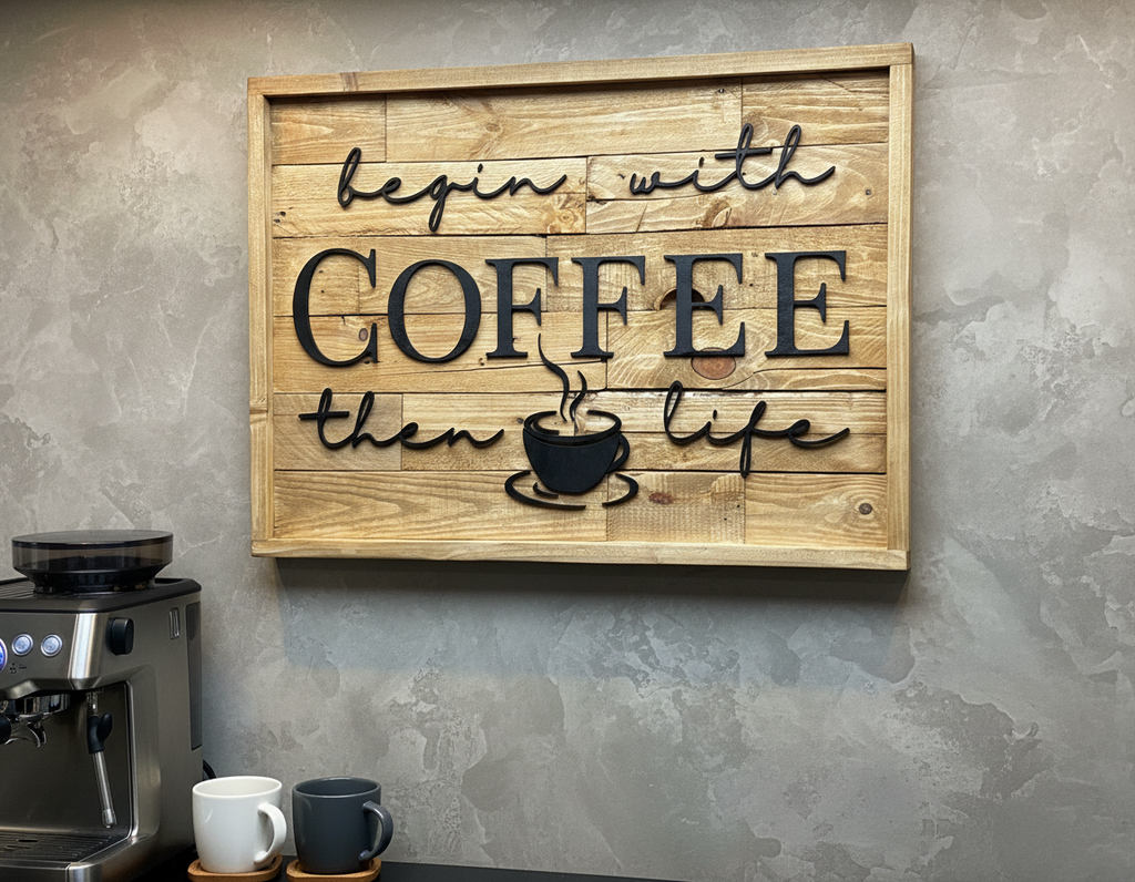 Begin With Coffee Then Life Sign | Rustic Pallet Wood Coffee Bar Wall Art image 2