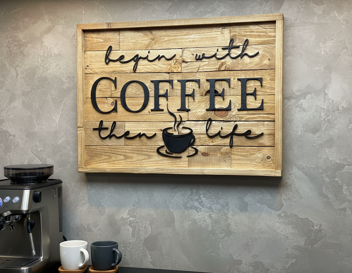 Begin With Coffee Then Life Sign | Rustic Pallet Wood Coffee Bar Wall Art image 2