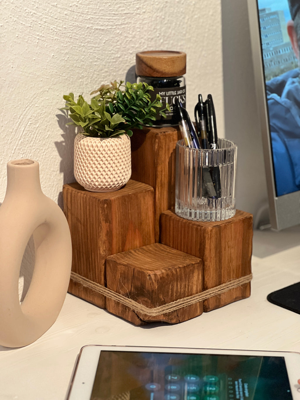 Rustic Wooden Desk Organiser | Solid Douglas Block Stand image 7