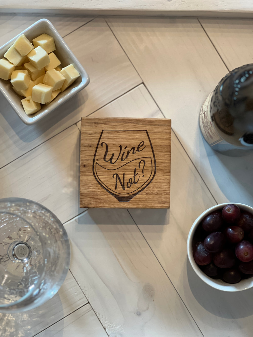Solid Oak Wine Coaster – “Wine Not?” Engraved Wooden Drinks Coaster | Rustic Tab image 2