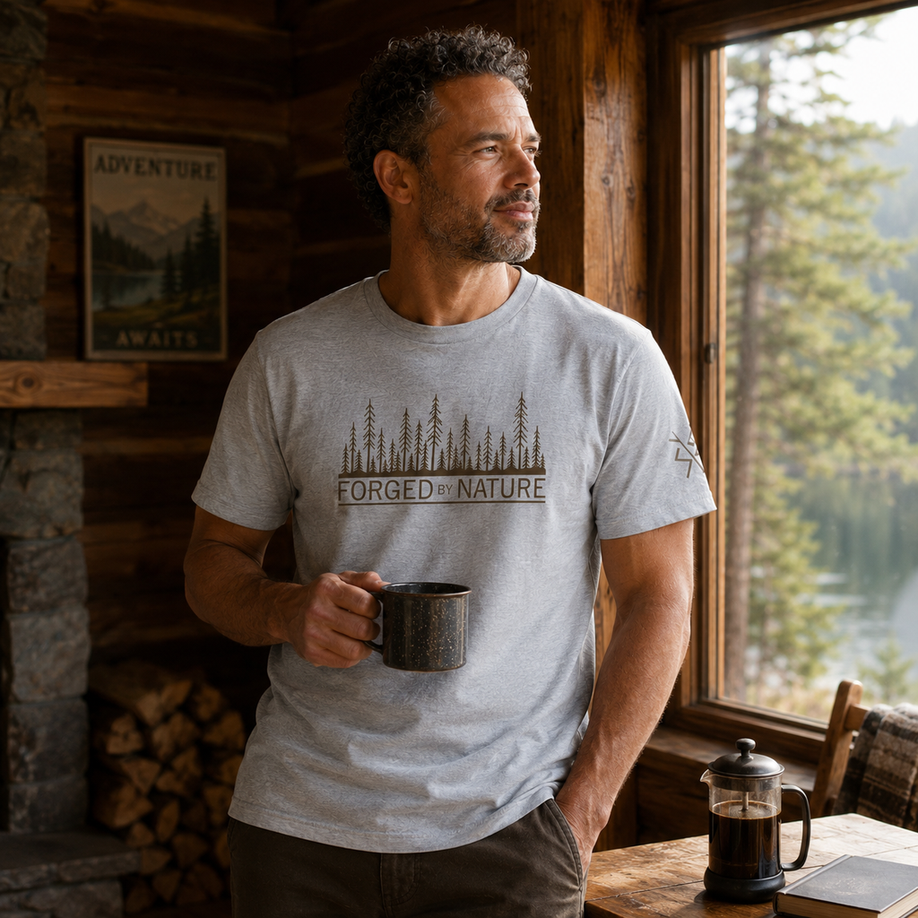 Nordic Forest T-Shirt for Men | Outdoor Graphic Tee | Nature Inspired Shirt | Wilderness Clothing | Scandinavian Style | Forged by Nature