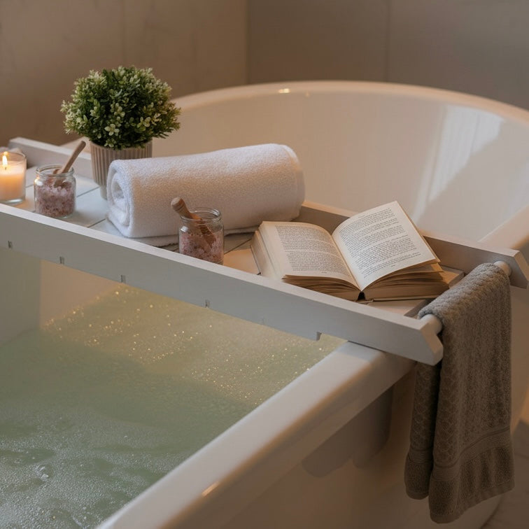 Handmade Bath Caddy | Wooden Bathtub Tray with Towel Rail | Custom Bath Board