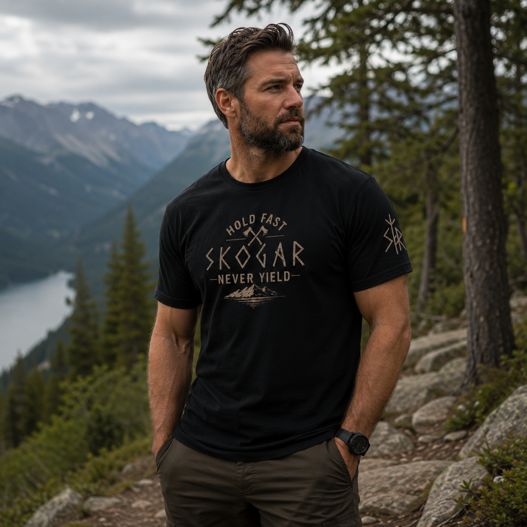 Men's Nordic Adventure T-Shirt, Mountain Graphic Tee, Hold Fast Never Yield SKOGAR Apparel