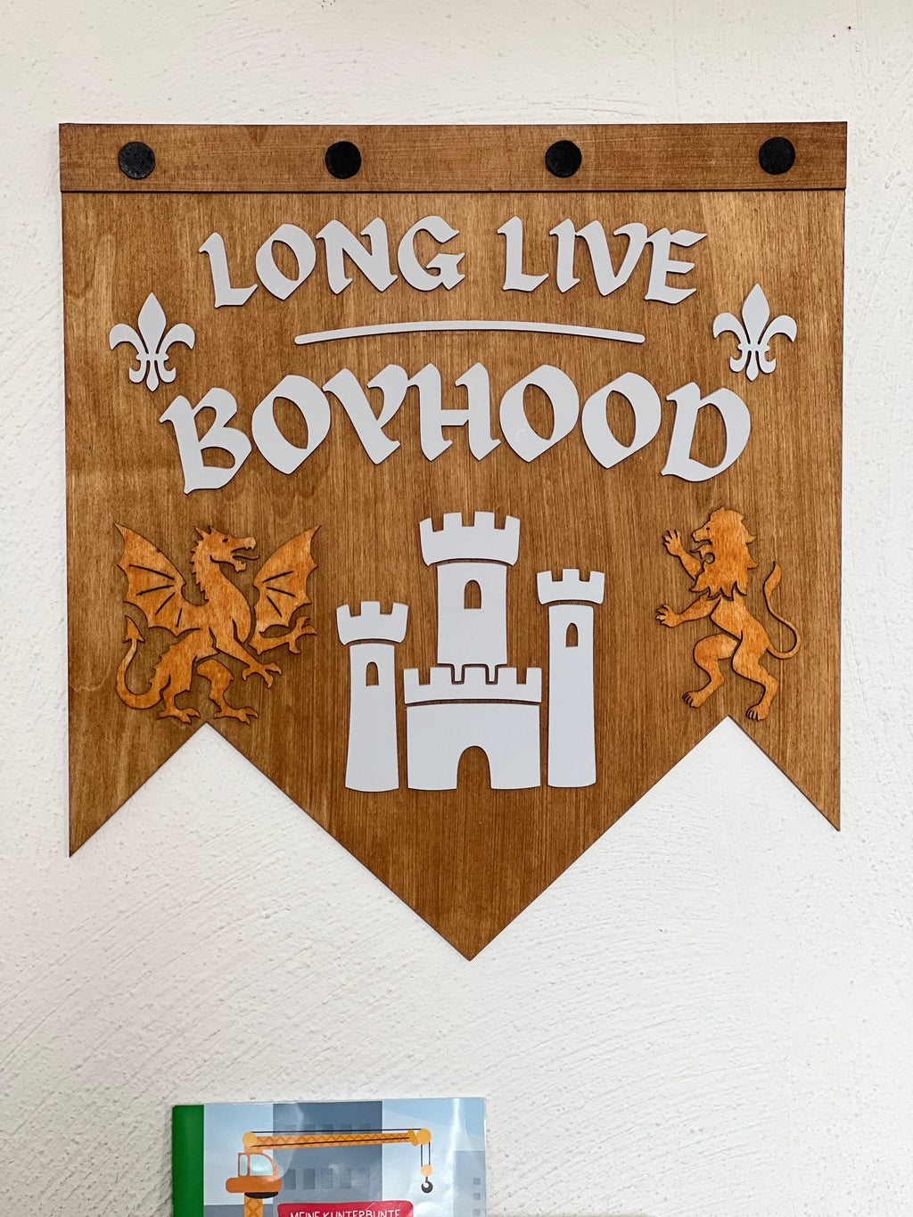 Wooden Nursery Wall Banner – “Long Live Boyhood” Castle Sign – Children’s Room image 3