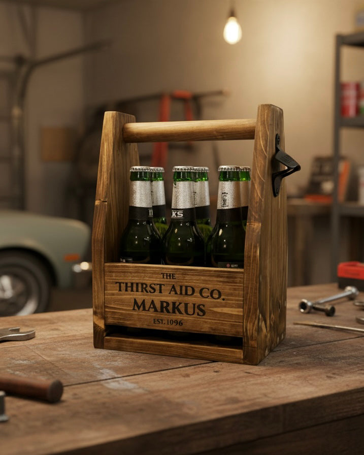 Personalised Beer Caddy Wooden Bottle Carrier with Opener – Custom Beer Holder image 7