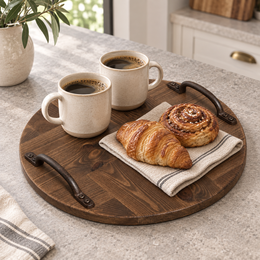 Rustic Wooden Serving Tray, Round Reclaimed Pallet Wood Tray with Metal Handles