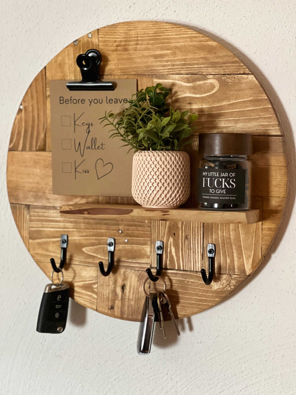 Round Wooden Key Holder with Shelf | Rustic Wall Key Organiser