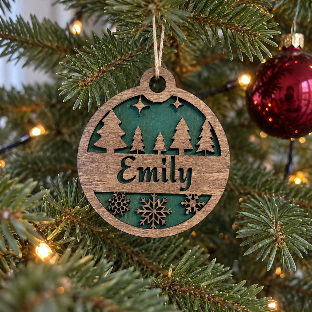 Personalised Wooden Christmas Ornament – Winter Forest