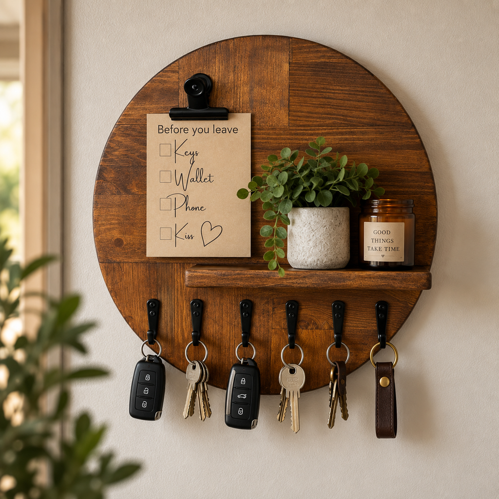 Runder Schlüsselhalter aus Holz mit Ablage | Rustikaler Schlüssel-Organizer für die Wand