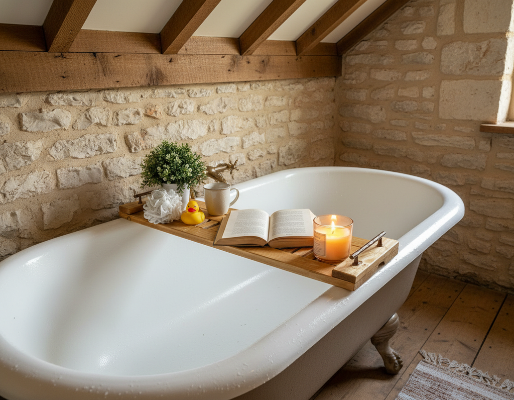 Handcrafted Rustic Oak Stain Wooden Bath Caddy | Bathtub Tray image 1