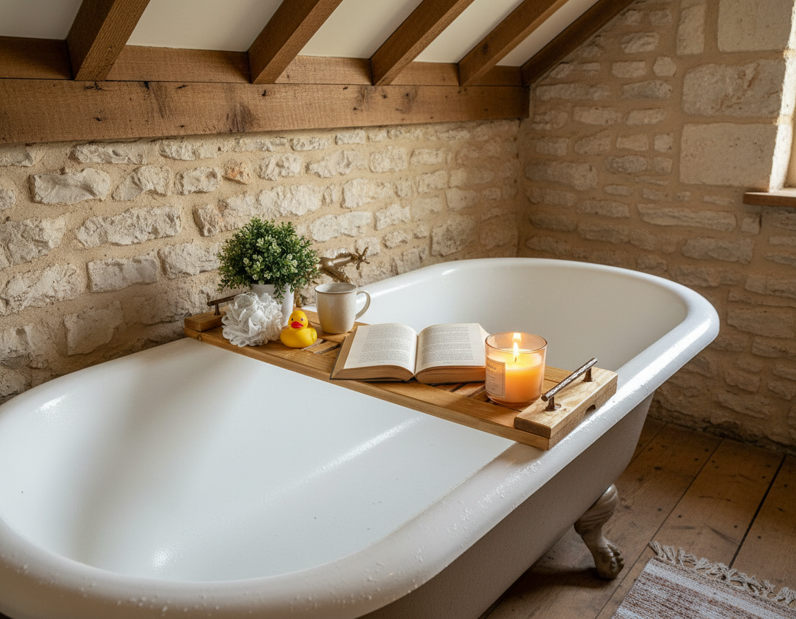 Handcrafted Rustic Oak Stain Wooden Bath Caddy | Bathtub Tray image 1