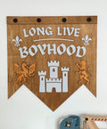 Wooden Nursery Wall Banner – “Long Live Boyhood” Castle Sign – Children’s Room image 0