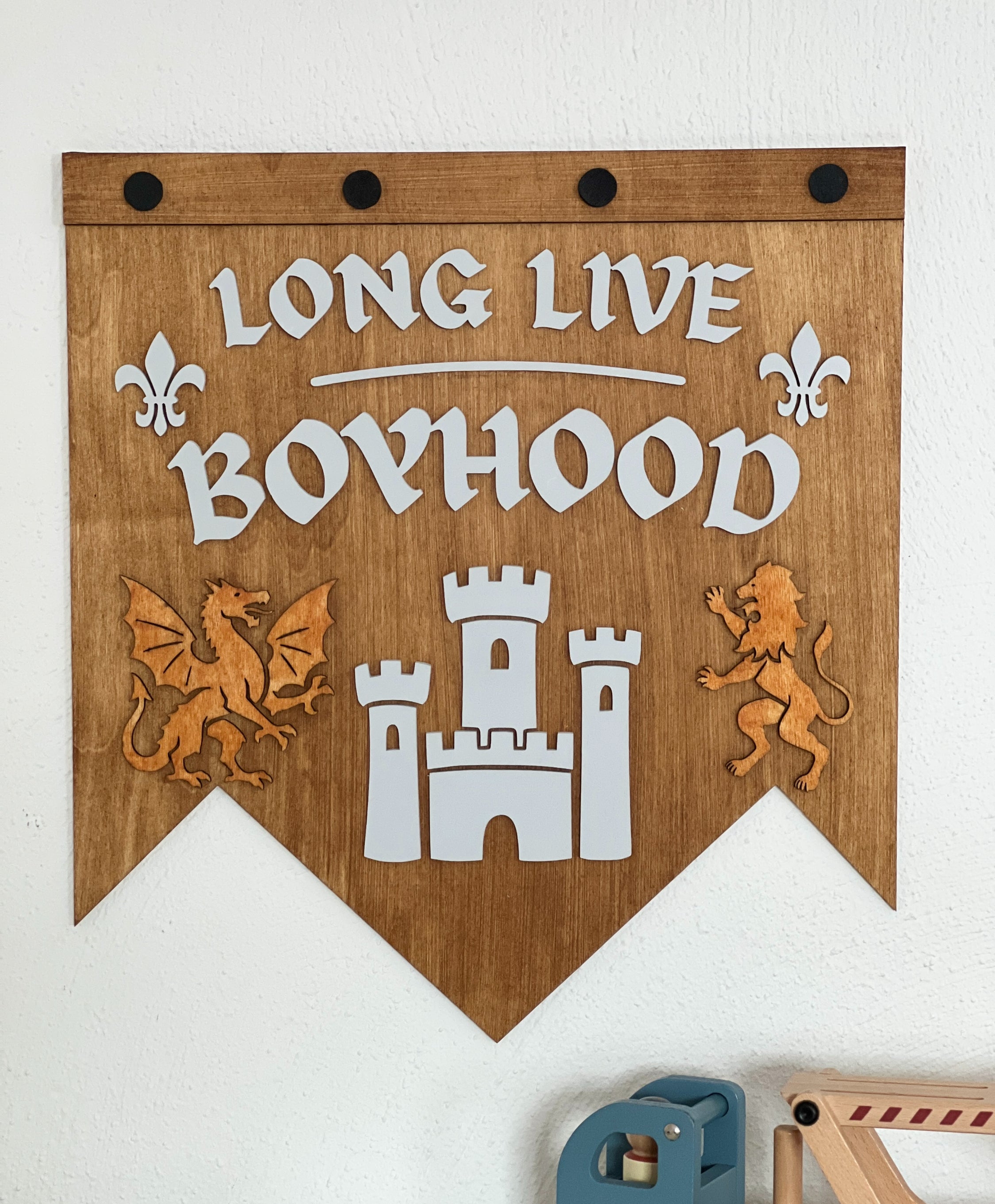 Wooden Nursery Wall Banner – “Long Live Boyhood” Castle Sign – Children’s Room image 0