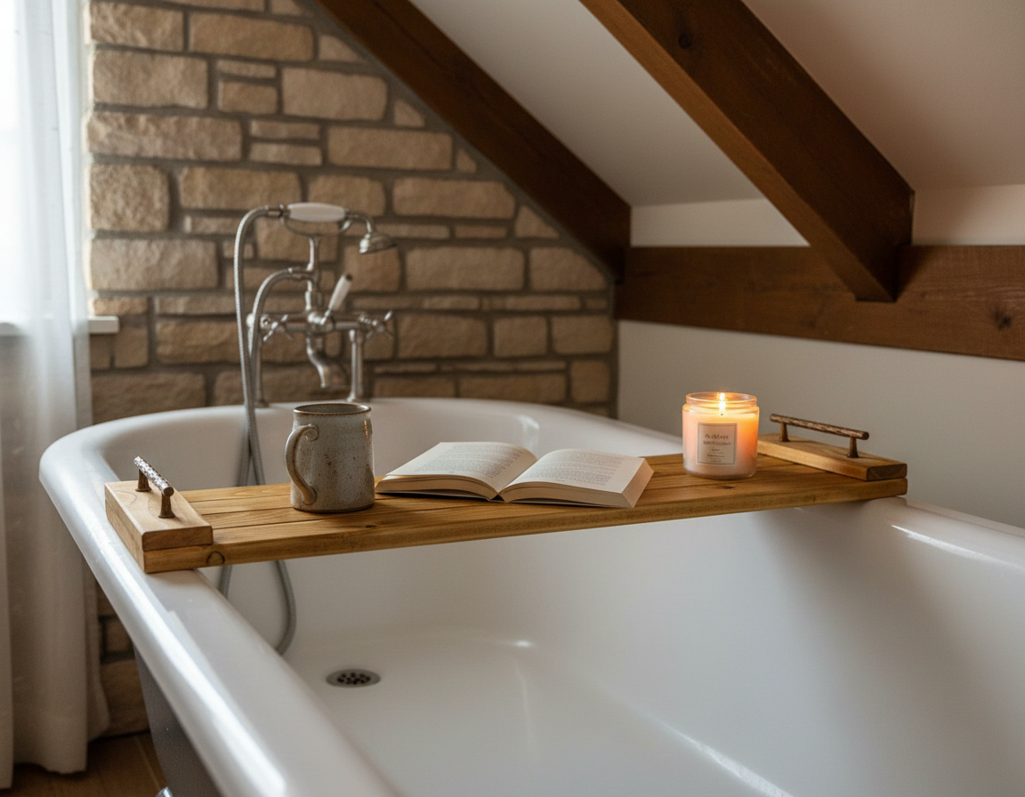 Handcrafted Rustic Oak Stain Wooden Bath Caddy | Bathtub Tray image 0