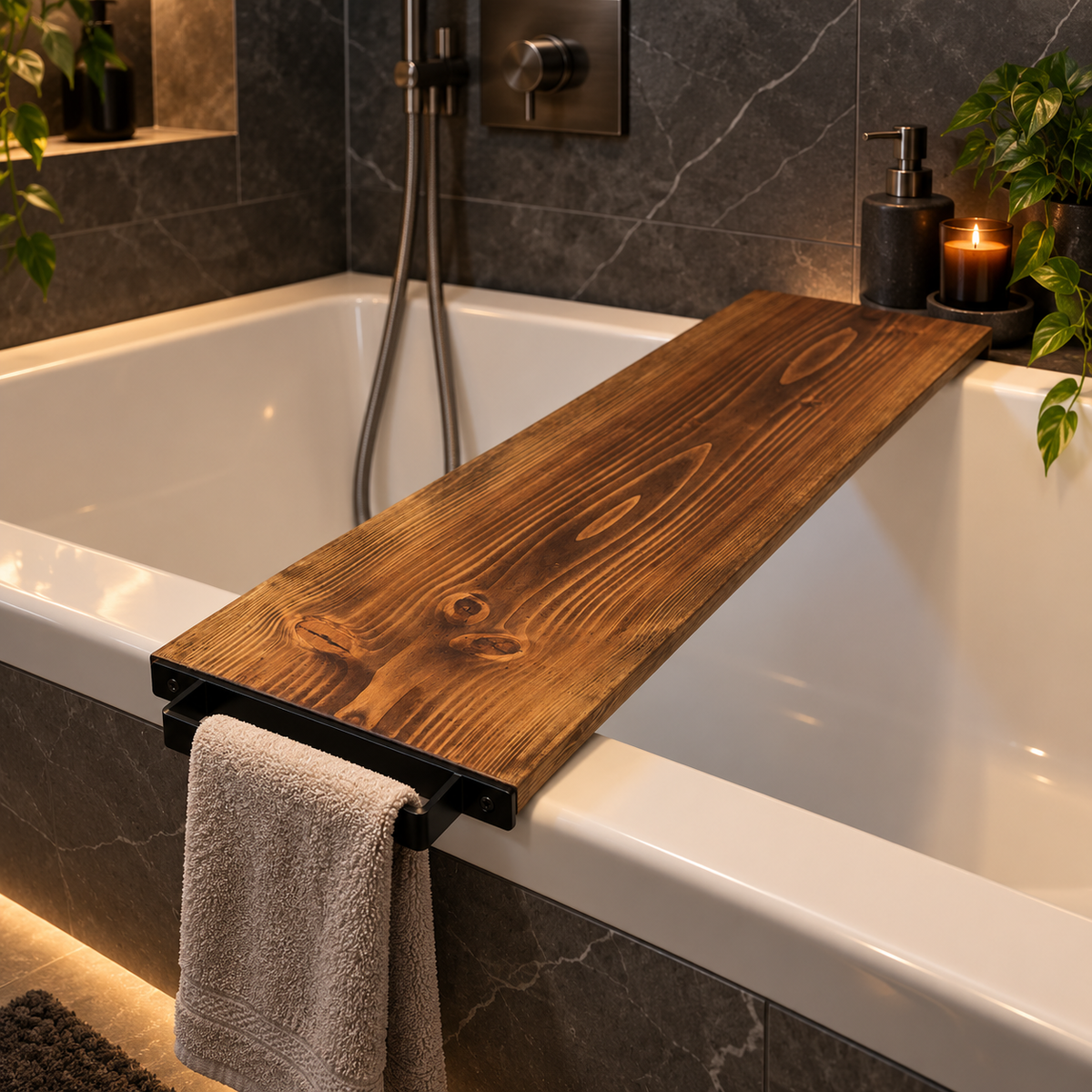 Live Edge Douglas Fir Bath Caddy with Steel Towel Rack