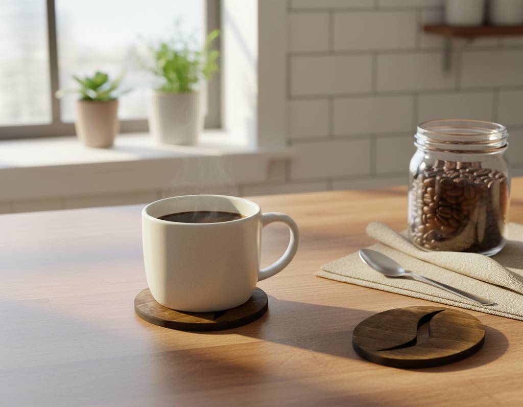 Coffee Bean Coaster Wooden – Beech Wood Coaster with Cork Feet