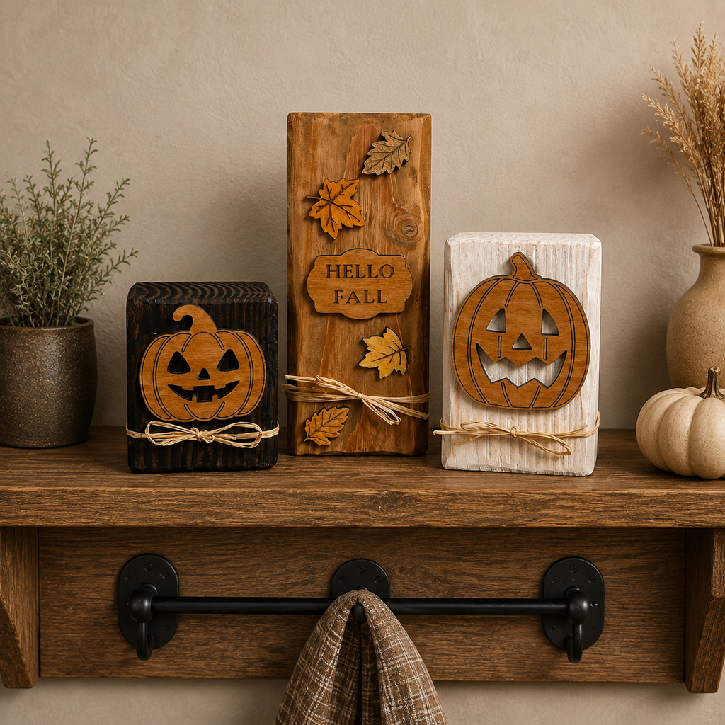 Fall Wood Block Décor, Mix & Match Autumn Decorations, Wooden Pumpkin Shelf Sitters, Hello Fall Sign, Rustic Farmhouse Décor