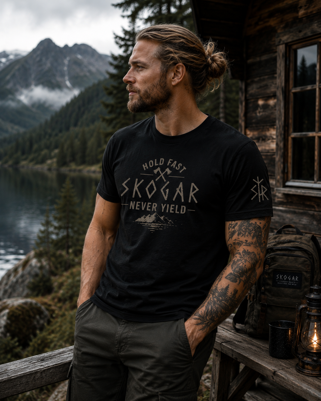 Men's Nordic Adventure T-Shirt, Mountain Graphic Tee, Hold Fast Never Yield SKOGAR Apparel