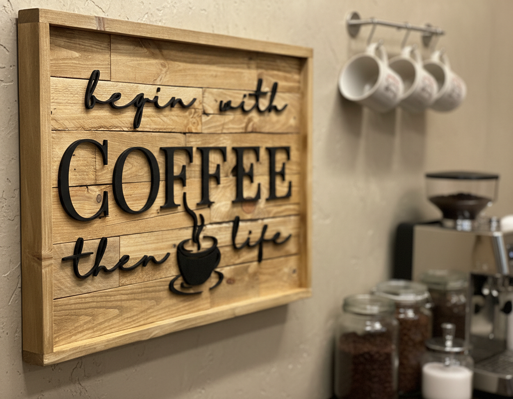 Begin With Coffee Then Life Sign | Rustic Pallet Wood Coffee Bar Wall Art image 1