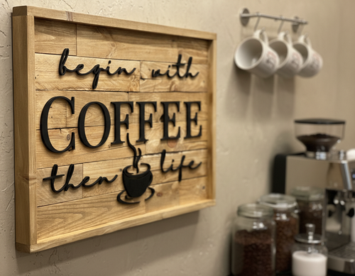 Begin With Coffee Then Life Sign | Rustic Pallet Wood Coffee Bar Wall Art image 1