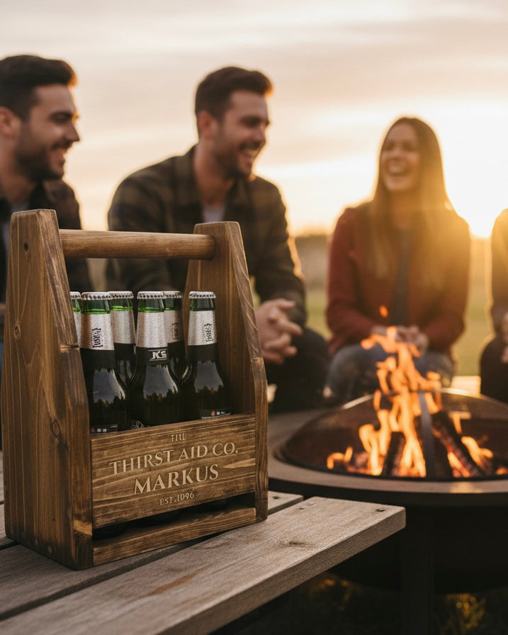 Personalised Beer Caddy Wooden Bottle Carrier with Opener – Custom Beer Holder image 1
