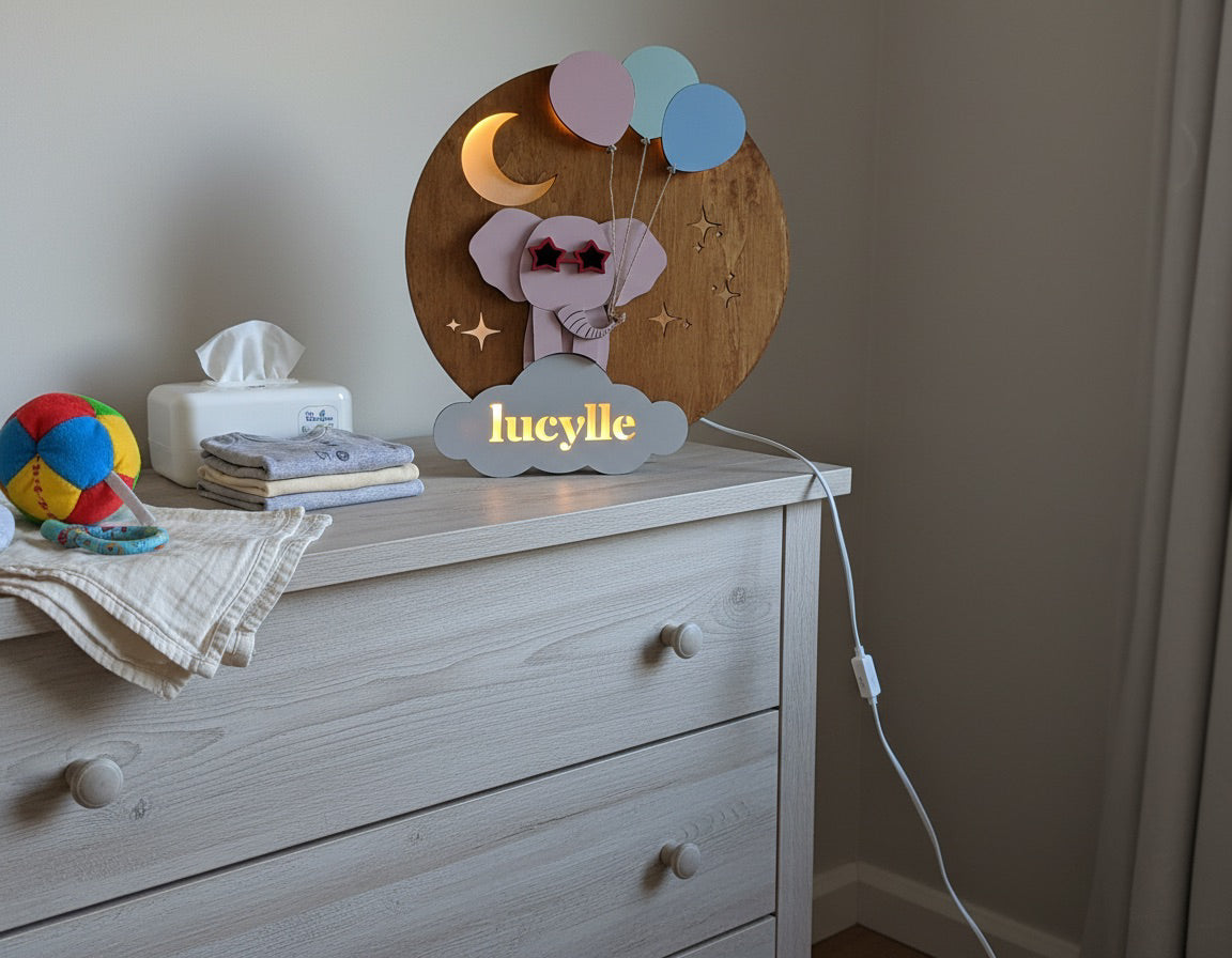 Personalised Night Light | Elephant Nursery Name Light image 1