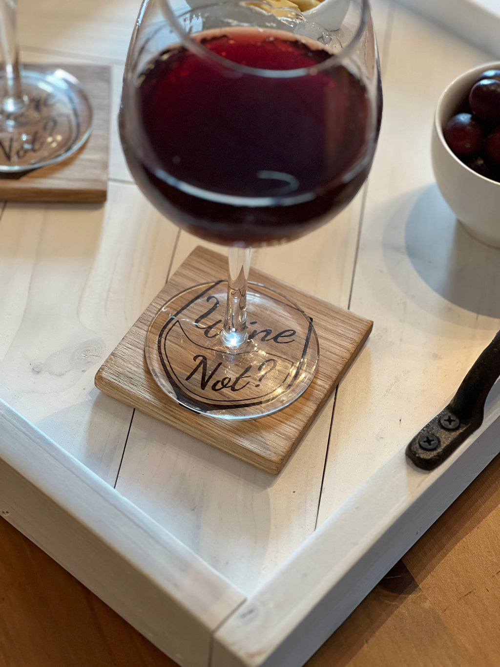 Solid Oak Wine Coaster – “Wine Not?” Engraved Wooden Drinks Coaster | Rustic Tab image 9