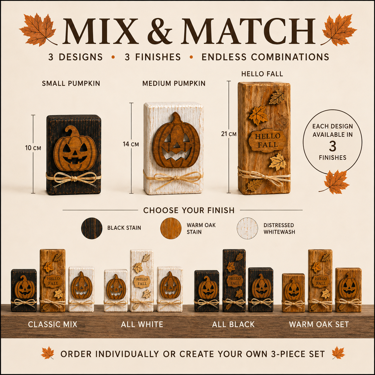 Fall Wood Block Décor, Mix & Match Autumn Decorations, Wooden Pumpkin Shelf Sitters, Hello Fall Sign, Rustic Farmhouse Décor