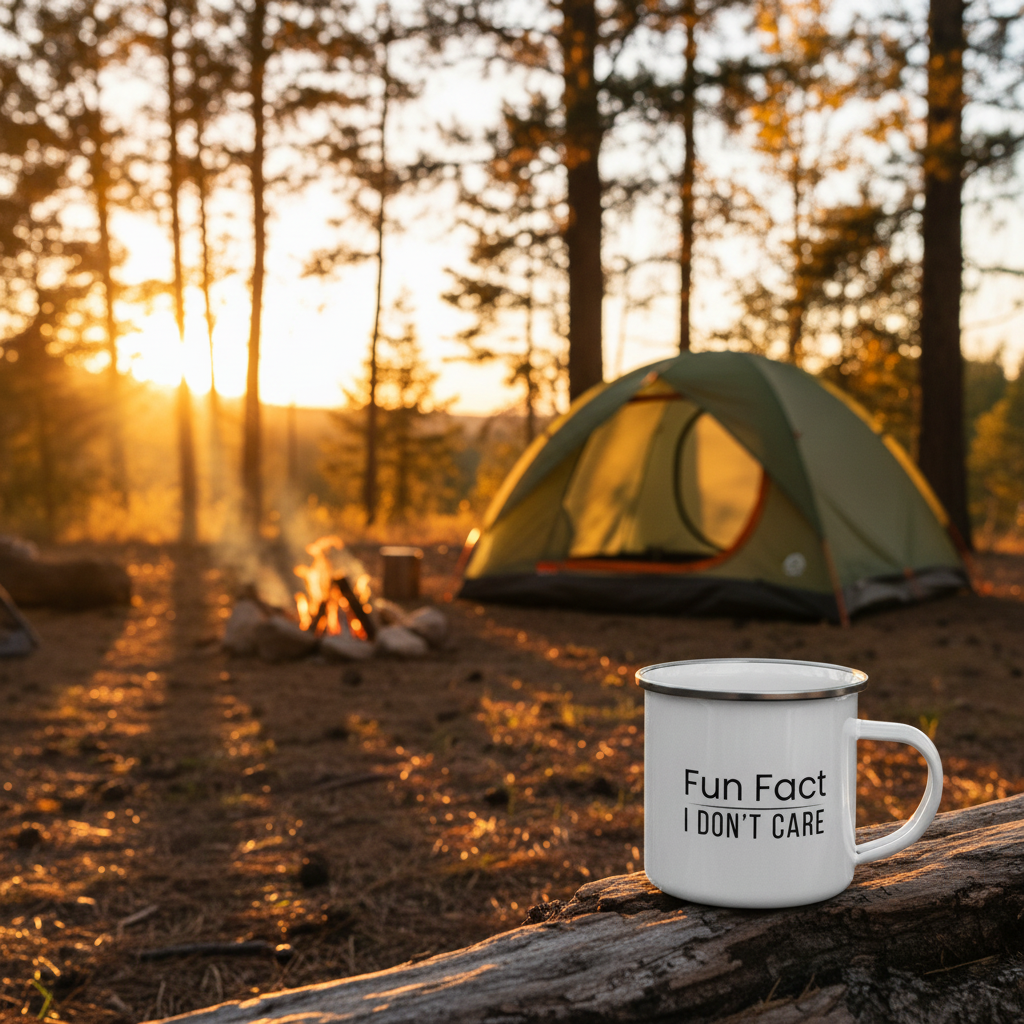Sarcastic Mug “Fun Fact I Don’t Care”, Funny Rude Coffee Mug, Enamel Camping Mug