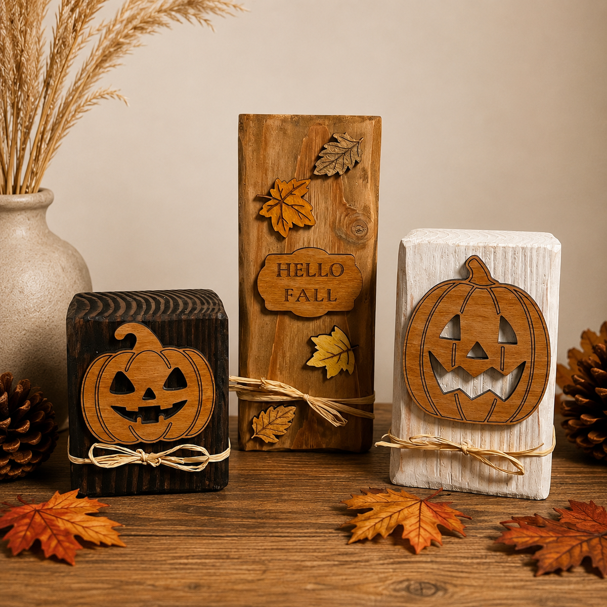 Fall Wood Block Décor, Mix & Match Autumn Decorations, Wooden Pumpkin Shelf Sitters, Hello Fall Sign, Rustic Farmhouse Décor