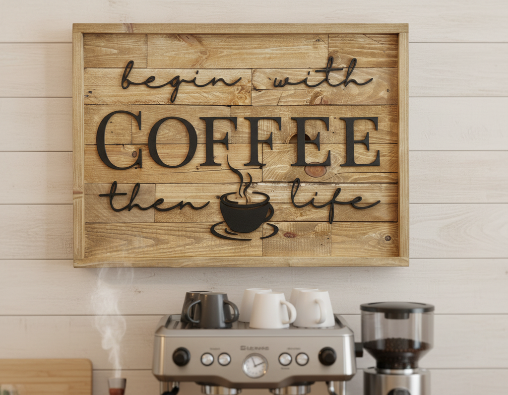 Begin With Coffee Then Life Sign | Rustic Pallet Wood Coffee Bar Wall Art image 3
