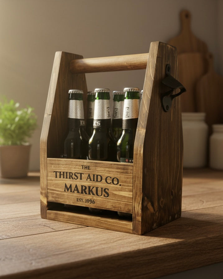 Personalised Beer Caddy Wooden Bottle Carrier with Opener – Custom Beer Holder image 9