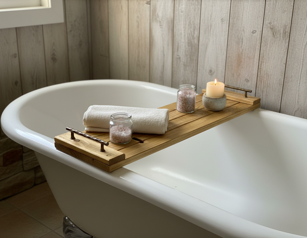 Handcrafted Rustic Oak Stain Wooden Bath Caddy | Bathtub Tray image 2