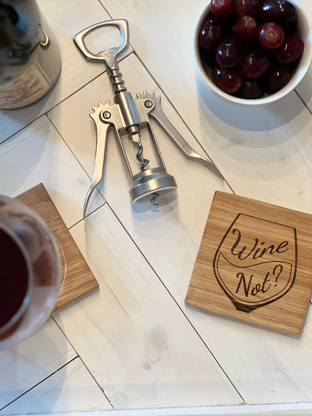 Solid Oak Wine Coaster – “Wine Not?” Engraved Wooden Drinks Coaster | Rustic Tab image 1