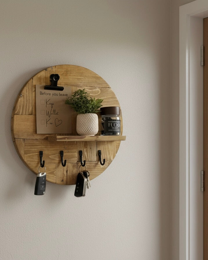 Round Wooden Key Holder with Shelf | Rustic Wall Key Organiser