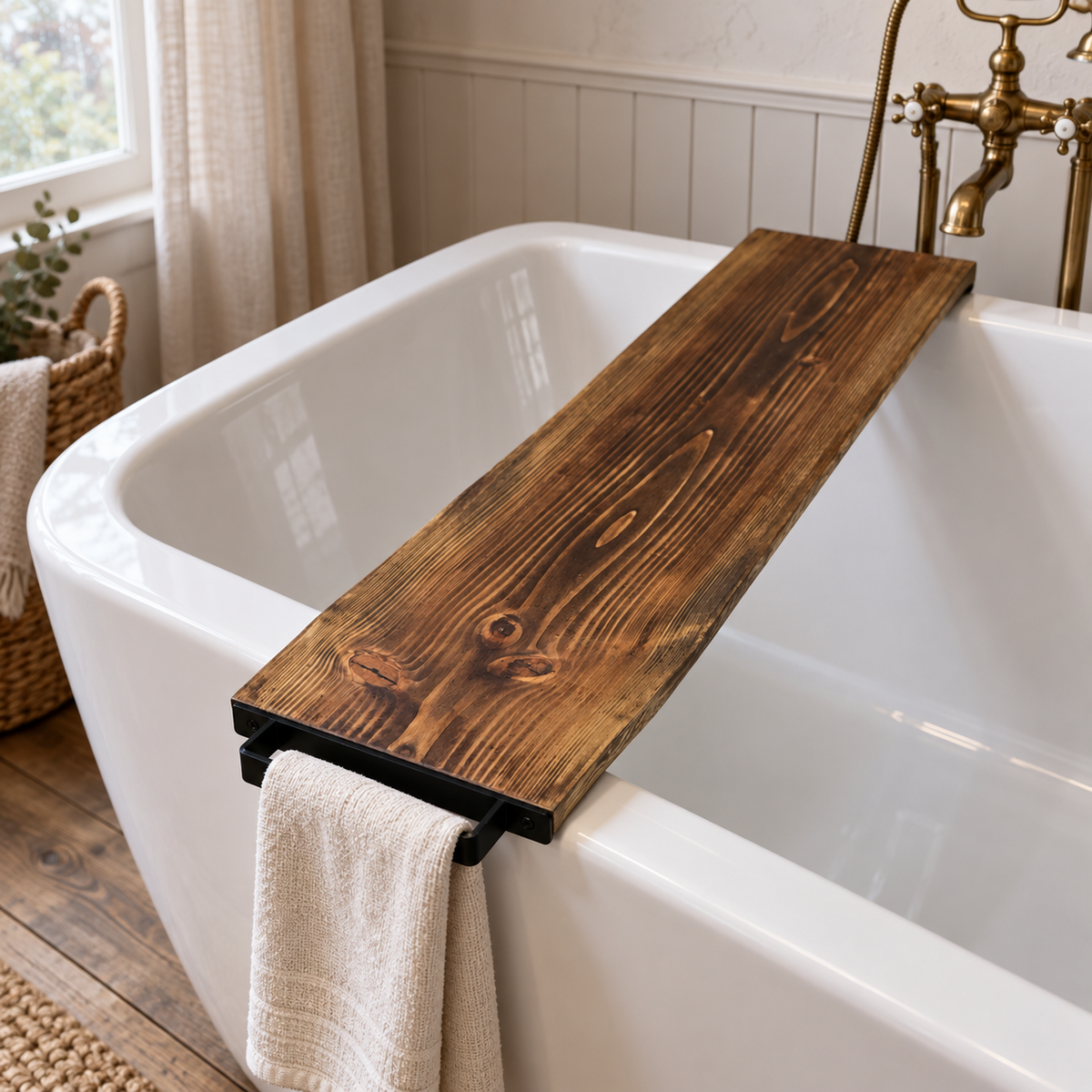 Live Edge Douglas Fir Bath Caddy with Steel Towel Rack
