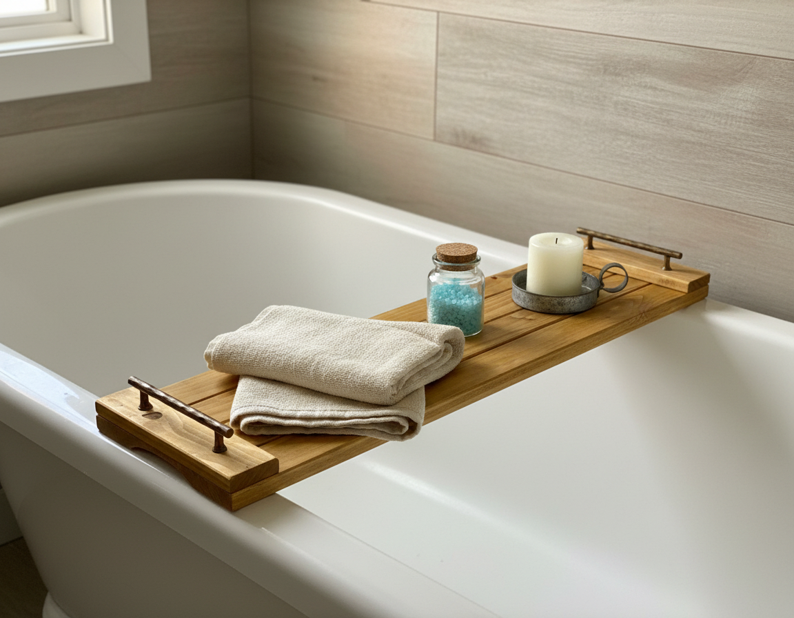 Handcrafted Rustic Oak Stain Wooden Bath Caddy | Bathtub Tray image 3