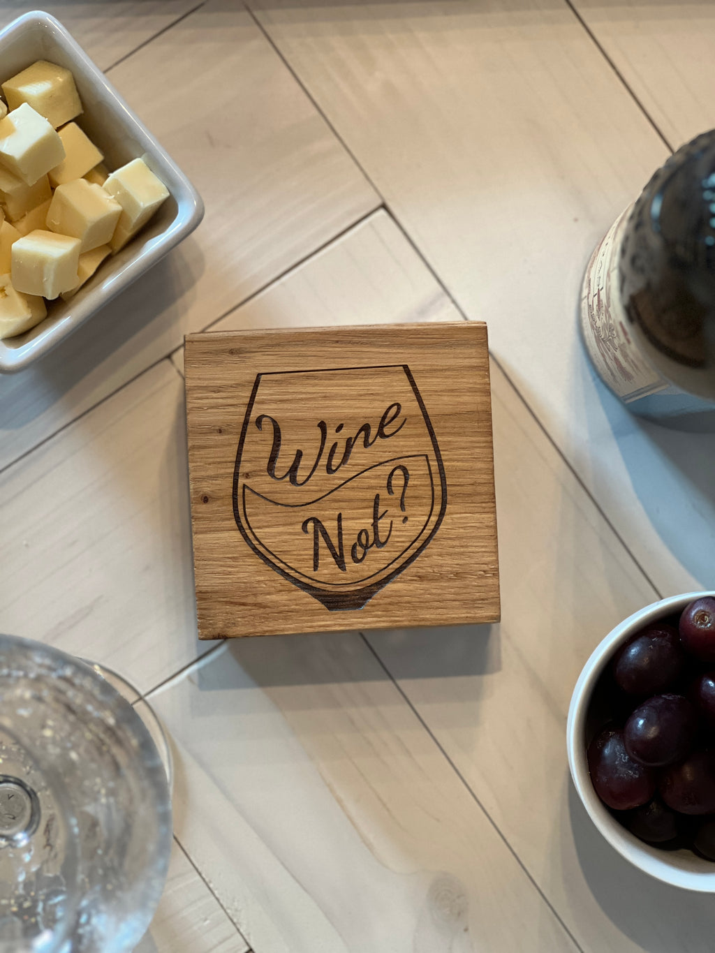 Solid Oak Wine Coaster – “Wine Not?” Engraved Wooden Drinks Coaster | Rustic Tab image 7